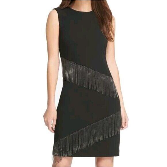 DKNY Women's Sleeveless Black Sheath Dress With Chain Fringe Plus Size 16 New - Picture 1 of 9